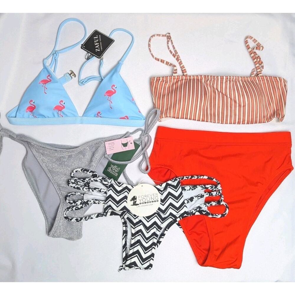 New Lot Of 5 Womens Bikini Tops Bottoms Zaful Wild Fable Roxy Trip Cruise Size S